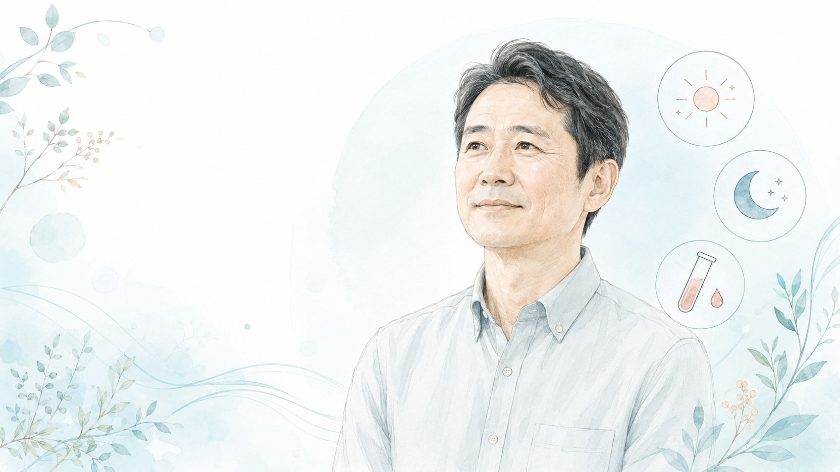 男性ホルモン検査を考える中年男性のイラスト